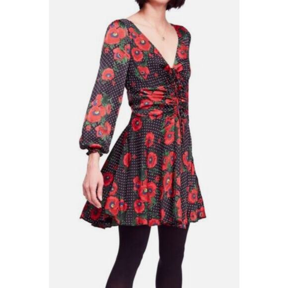 FREE PEOPLE MORNING LIGHT DRESS OB869505 FLORAL RED BLACK COMBO SIZE 0 NWT - Picture 1 of 9
